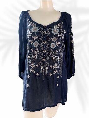Embroidered Navy Peasant Blouse - Women's Button Front Top size XS / S